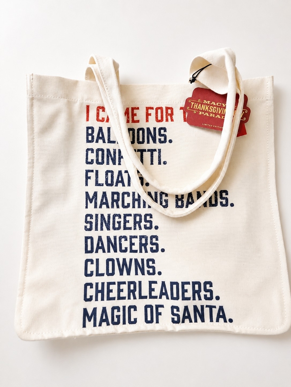 Macy's Cream Canvas Tote with Navy and Red Holiday Text rare find